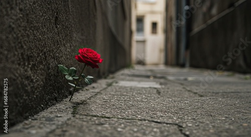 Vibrant Red Rose Growing in Gray Alleyway Perspective