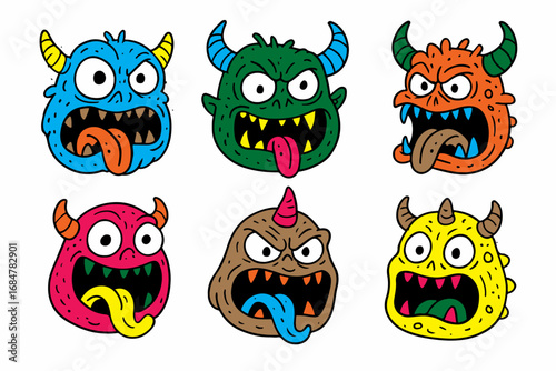 Fotografie crazy monster cartoon character head illustration drawing set