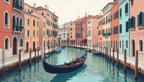 Serene Canal Scene With Gondola And Colorful Buildings In Venetian Style