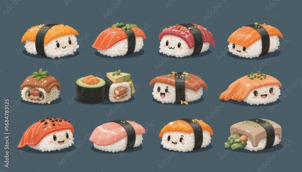 Fototapeta premium A delightful assortment of cute sushi rolls showcasing colorful designs and ingredients