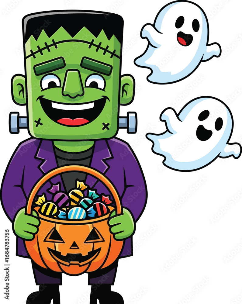Fototapeta premium Cute frankenstein monster holding halloween candy bucket with two adorable ghosts floating nearby vector
