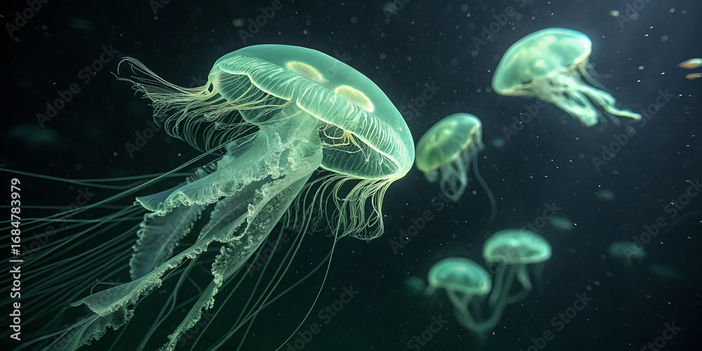 Obraz premium A group of translucent green jellyfish gently drifting through dark, still waters. The central jellyfish revealing intricate internal structures with delicate, glowing ridges and fine, hair-like 