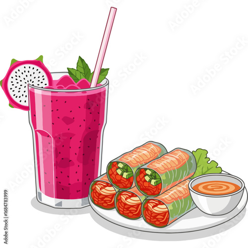 Dragon Fruit Juice and Spring Roll: Restaurant menu item for dine-in or take-out service. High-quality graphics and vector illustrations that will make your website, app, and poster design attractive.