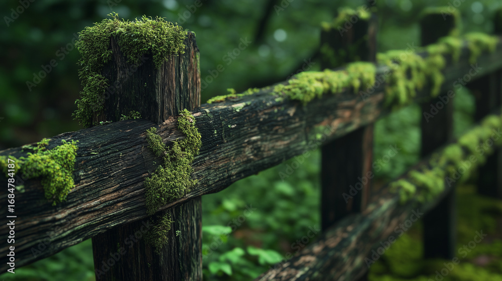 Fototapeta premium Wooden fence covered in moss, surrounded by nature.
