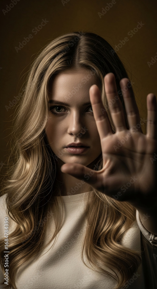 Fototapeta premium Young woman with blond hair, showing stop hand gesture, serious expression, dark background, symbolizing refusal, protection, or safety