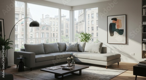 A modern city apartment living room showcases a stylish sectional sofa, floor lamp, and abstract art piece against a backdrop of urban views.