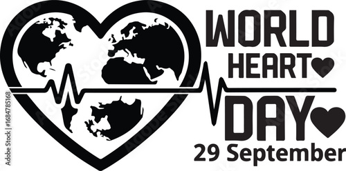 World heart day text with heart and world sign, holiday concept, greeting card, vector illustration