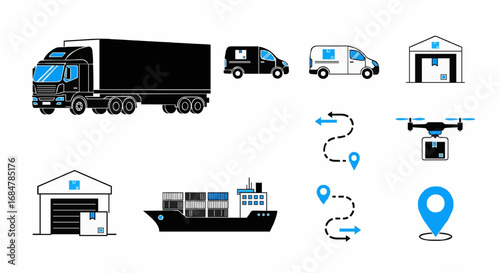 Collection of logistics and delivery icons including trucks vans warehouses cargo ship drone and navigation pins isolated on white background isolated on transparent background