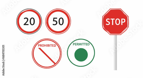 Collection of traffic signs including speed limits stop prohibited and permitted symbols isolated on white background isolated on transparent background