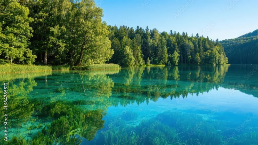 Obraz premium Clear Blue Lake Surrounded by Lush Green Forest