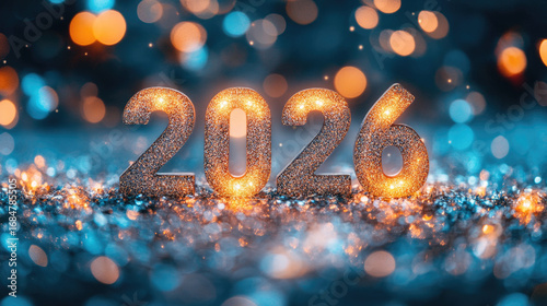 Golden shiny Happy New Year 2026 lettering animation with sparkling effects, festive Christmas celebration concept, elegant greeting inscription for holiday wishes, digital glitter background.