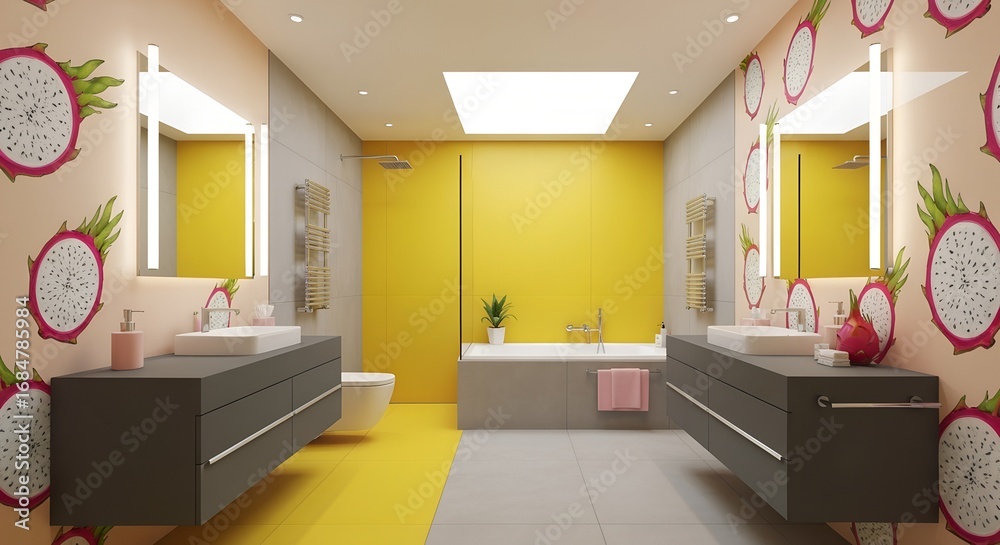 Fototapeta premium Modern bathroom with dragon fruit wallpaper