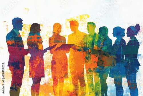 Team collaboration meeting office digital art bright colors side view business growth concepts