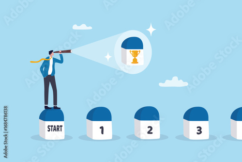 Business milestones or achievement to reach goal or success, progress development, vision to see target destination, step to success, businessman look on telescope to see success trophy milestone.