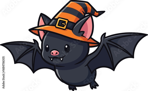 Cute kawaii halloween bat wearing a striped witch hat flying happily vector
