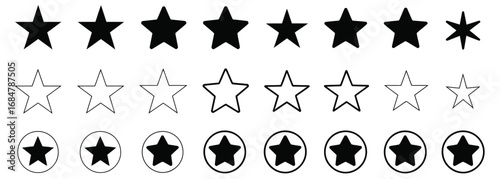 WebCollection of modern star icons and symbols for rating systems, achievement badges, and graphic design elements, offering versatile visual appeal.