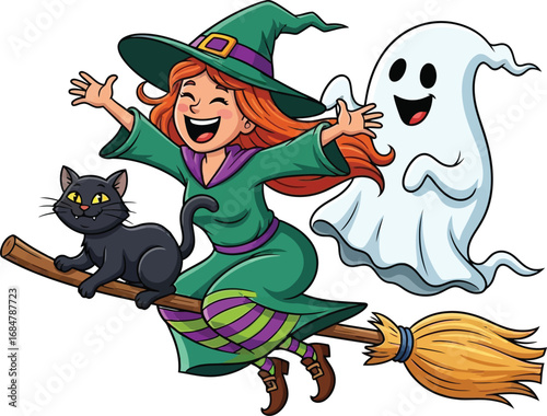 Joyful witch riding broom with black cat and ghost for halloween celebration vector