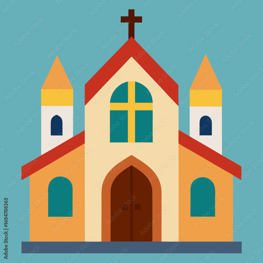 Fototapeta premium Cartoon chapel stained glass vector illustration