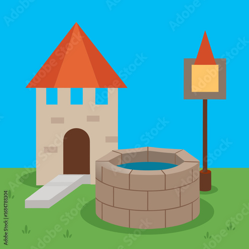 Cartoon castle courtyard well vector illustration