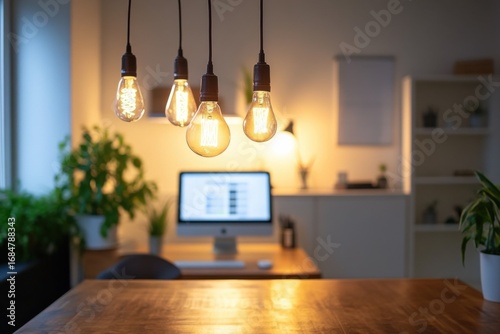 Warm lighting setup for home office ambiance modern workspace interior design indoor eye-level productivity concept