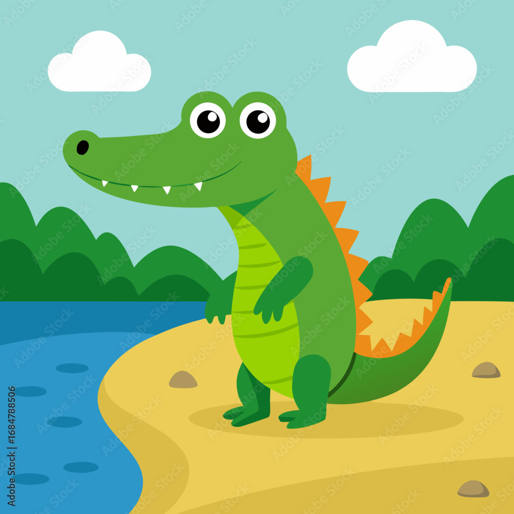 Fototapeta premium Cartoon crocodile riverbank vector illustration