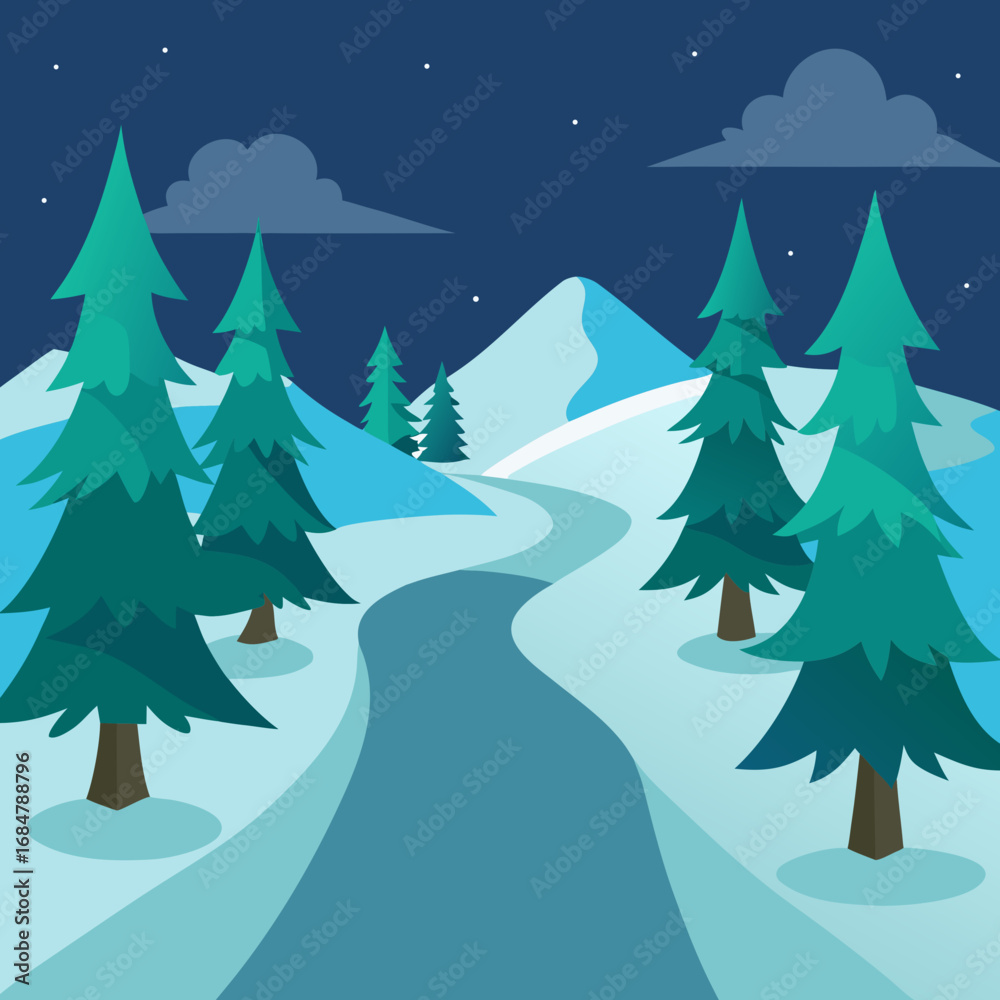 Obraz premium Cartoon frozen forest trail vector illustration