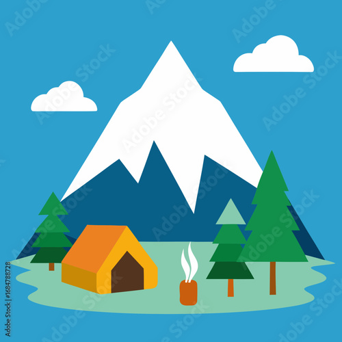 Cartoon snowy peak camp vector illustration