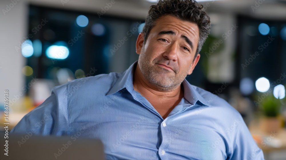 Fototapeta premium Confident man with short dark hair wearing a blue shirt, sitting at a desk in a modern office environment, exuding a relaxed yet professional demeanor during evening hours