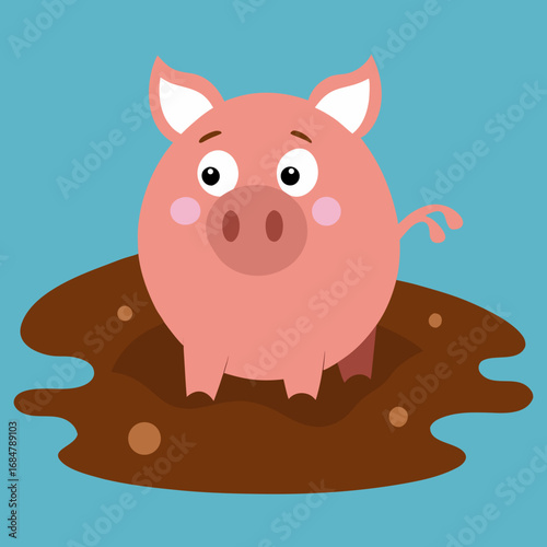 Cartoon pig mud puddle vector illustration