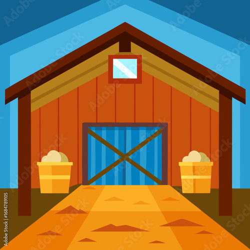 Cartoon hay barn interior vector illustration