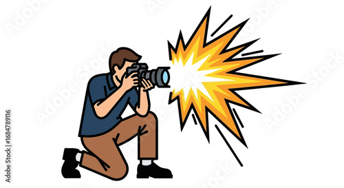 Cartoon illustration of a photographer taking a picture with a bright flash.