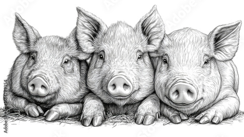 Charming monochrome drawing of three curious piglets lying together, featuring detailed linework on their coats and distinct snouts against contrasting dark void.