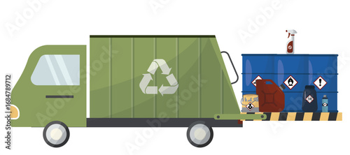 Recycling truck collecting hazardous chemical containers with documentation and barcode tracking for proper waste management compliance. Waste manifest. Legal Tracking Document. Vector illustration
