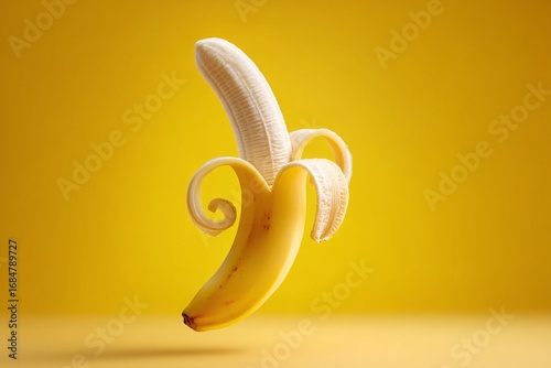 Curled peeled banana floating, yellow background food concept