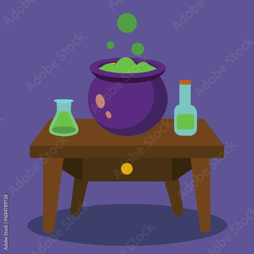 Cartoon magical potion brewing table vector illustration