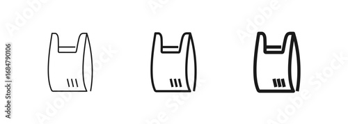 Plastic shopping bag with handles in thin, regular, and bold styles. T-shirt bag for grocery, rubbish. For apps, websites, packaging, and eco recycling or shopping designs. Vector illustration