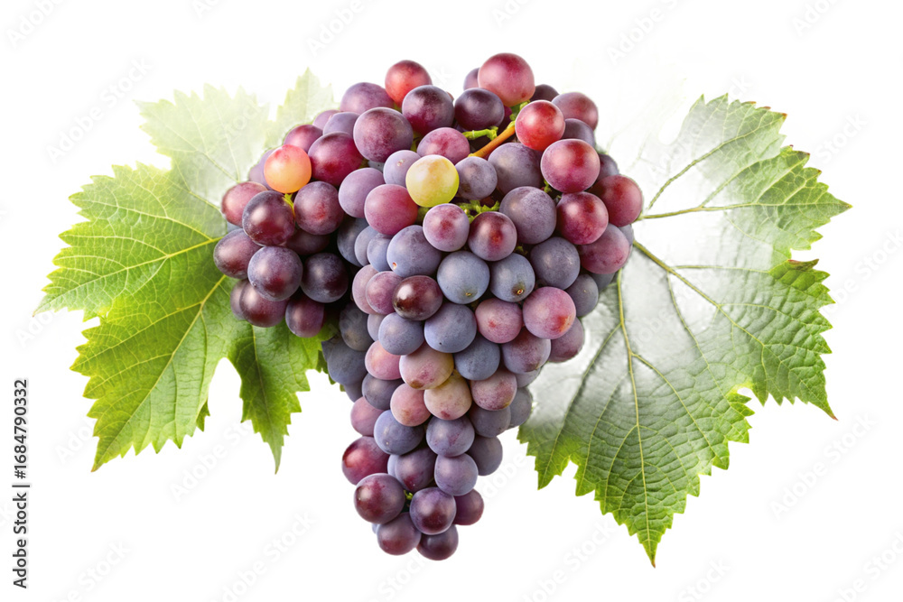 Fototapeta premium Fresh bunch of purple and green grapes with leaves isolated for culinary use transparent background