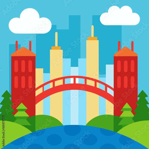 Cartoon city bridge river vector illustration