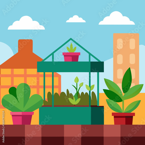 Cartoon rooftop garden vector illustration
