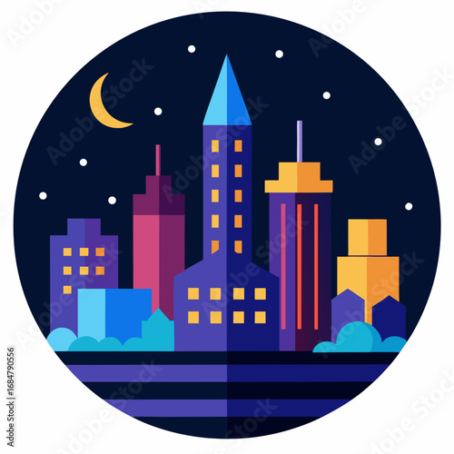 Cartoon city skyline at night vector illustration