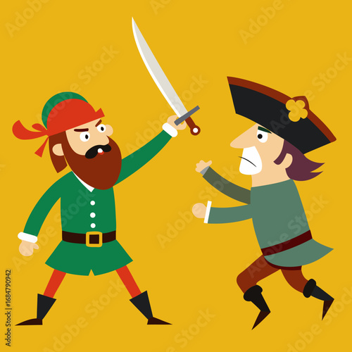 Cartoon pirate sword duel vector illustration