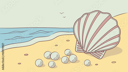 Aesthetic beach scene with a seashell and pearls scattered on the sand near the ocean and birds flying
