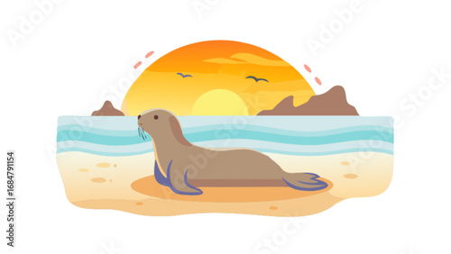 A cartoon seal lounging on a sandy beach with a sunset and birds in the background illustration art