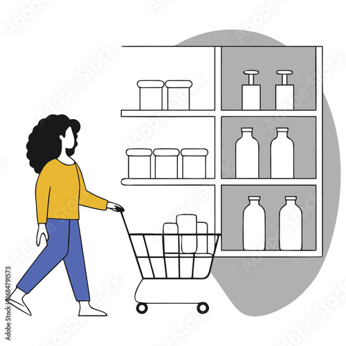 Young woman with curly hair pushing a shopping cart in a grocery store aisle. Shopping with a Pushcart