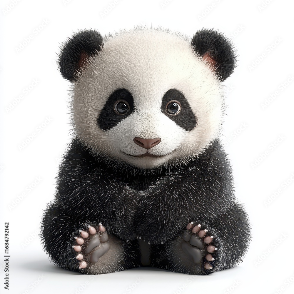 Obraz premium Adorable Fluffy Baby Panda Sitting Upright Against a Clean White Background