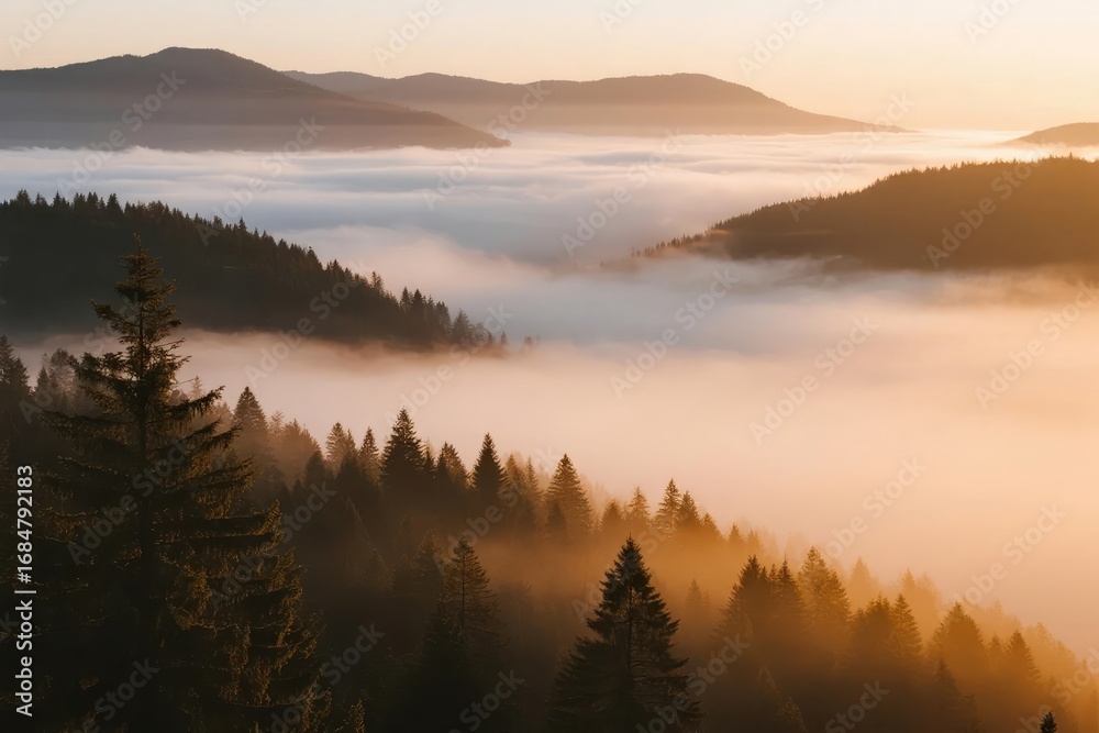 Fototapeta premium Sunrise Over Misty Mountain Valleys with Pine Forests