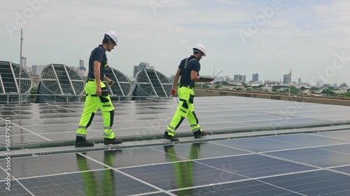 Team male engineers installs solar panels renewable energy systemson the rooftop energy efficient building. They inspect the panels ensure they are stable and resistant changing weather conditions.