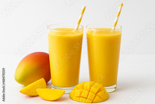 Fresh Mango Smoothie with Ripe Fruit on White Background