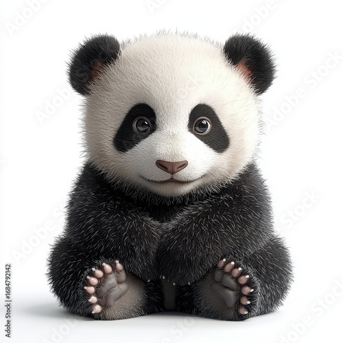 Adorable Fluffy Baby Panda Sitting Upright Against a Clean White Background