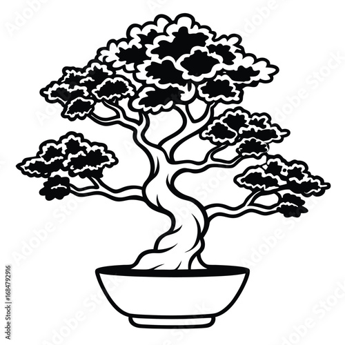 Black and white silhouette of a stylized bonsai tree in a pot plant potted plant